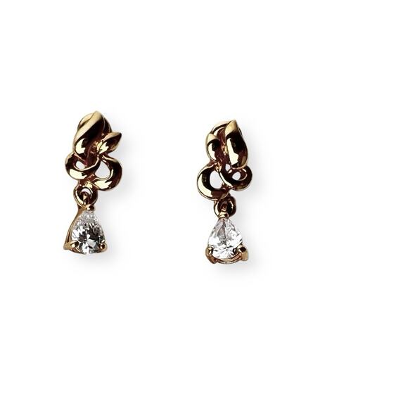 Rhinestone Dangle Earrings Teardrop Bright Clear Sparkle Shiny Gold Tone Post - Picture 3 of 9